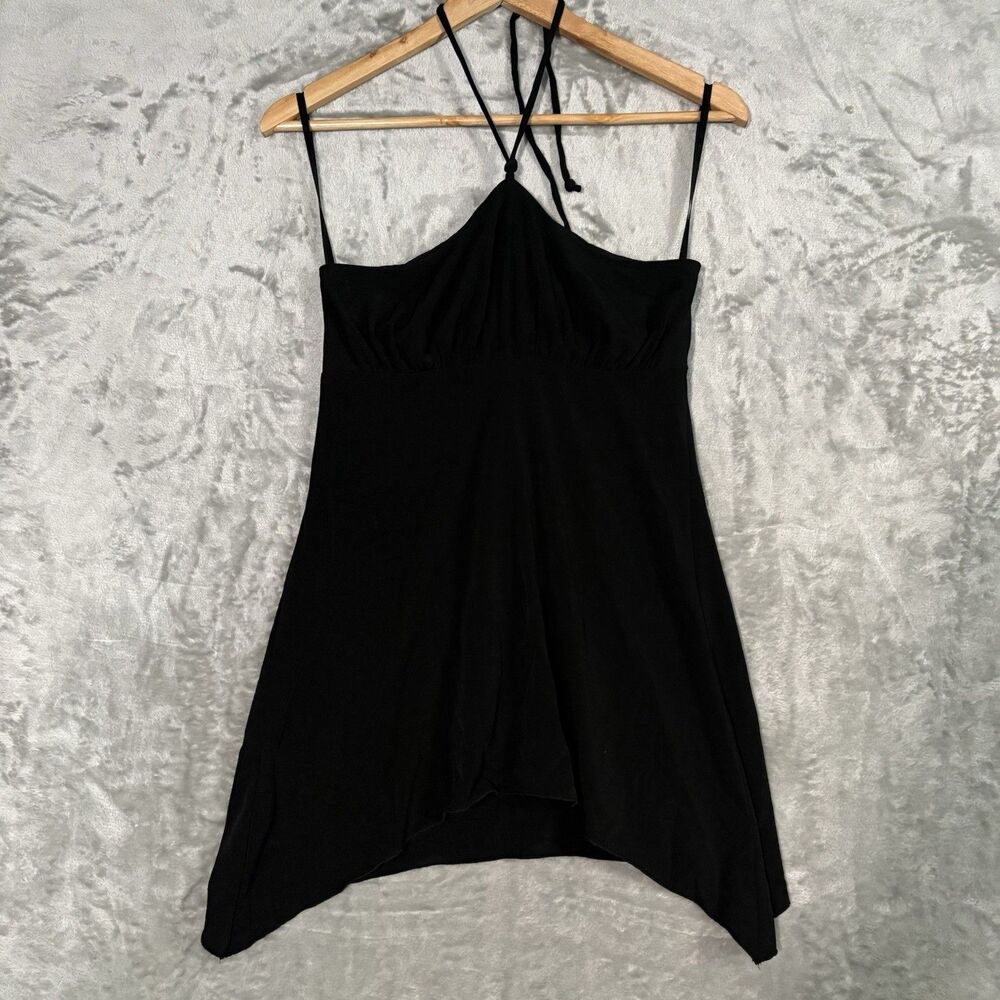 Vintage Arden B Y2K Black Halter Top Handkerchief Hem Whimsygoth Ruched Medium